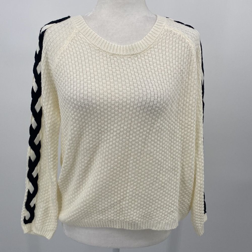 Mak B cream and black Braided Sleeve Sweater